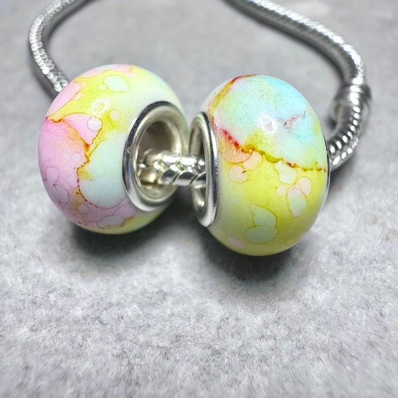 Yellow Pastel Spacer Beads Set Watercolor Swirls Fits Pandora Bracelet - Picture 2 of 10